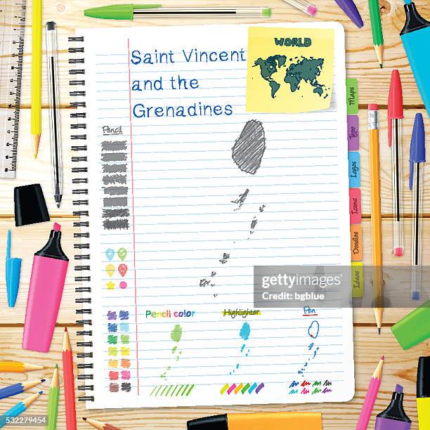 saint vincent and the grenadines maps hand drawn on notebook - tobago cays grenadines stock illustrations