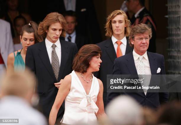 Charlotte Casiraghi, Andrea Casiraghi, Princess Caroline of Monaco, Pierre Casiraghi and Prince Ernst August of Hanover arrive for the reception for...