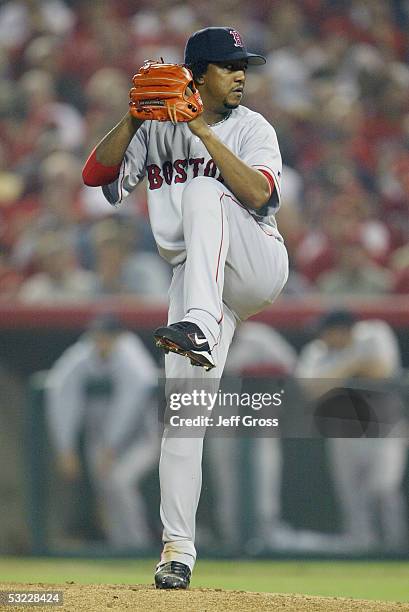 Pitcher Pedro Martinez of the Boston Red Sox delivers a pitch during the American League Division Series with the Anaheim Angels, Game Two on October...