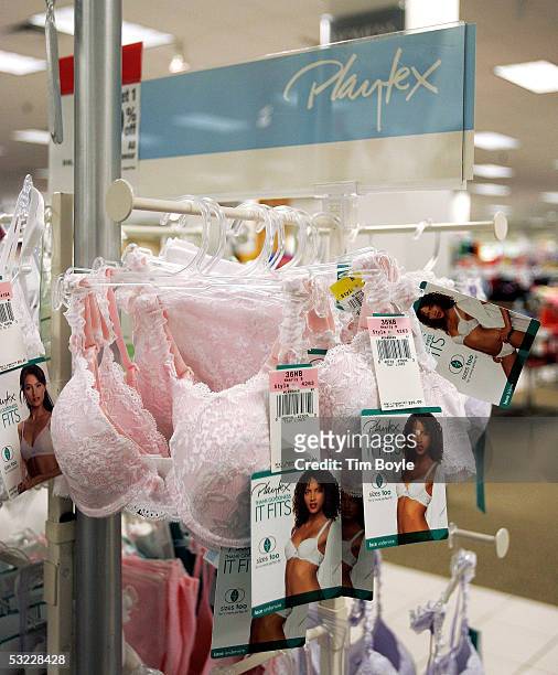 Playtex-brand bras hang at a Sears July 12, 2005 in Niles