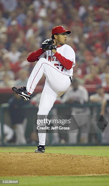 Pitcher Francisco Rodriguez of the Anaheim Angels delivers a pitch during the American League Division Series with the Boston Red Sox, Game Two on...