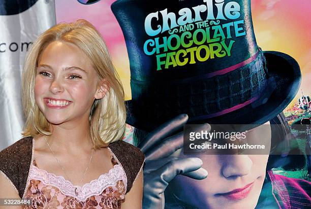 Actress AnnaSophia Robb from the new movie "Charlie and the Chocolate Factory" hosts a bubble blowing contest at Planet Hollywood July 12, 2005 in...