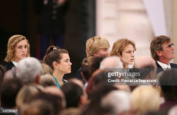 Pierre Casiraghi, Charlotte Casiraghi, Prince Christian of Hanover, Andrea Casiraghi and Prince Ernst August of Hanover ook on as Prince Albert II of...