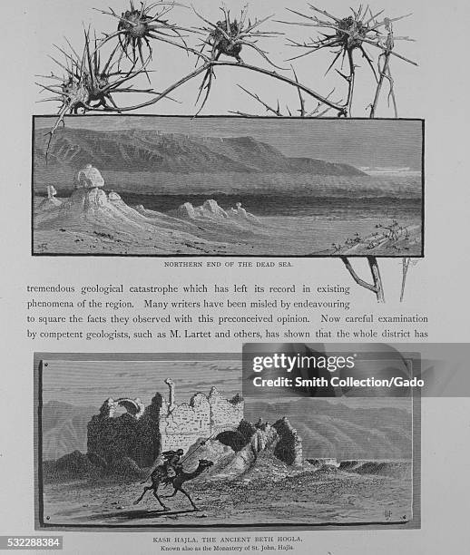 Two wood engravings on a page, the top one depicting a shore with dunes and a hill in the background, captioned "Northern End of the Dead Sea", the...