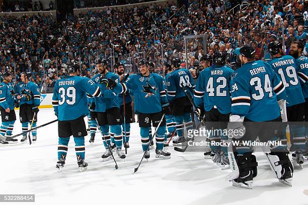 The San Jose Sharks celebrate after defeating the Nashville Predators in Game Seven of the Western Conference Semifinals during the 2016 NHL Stanley...