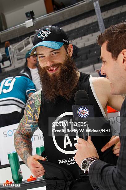 Brent Burns of the San Jose Sharks speaks with media after defeating the Nashville Predators in Game Seven of the Western Conference Semifinals...