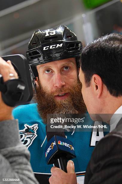 Joe Thornton of the San Jose Sharks speaks with media after defeating the Nashville Predators in Game Seven of the Western Conference Semifinals...
