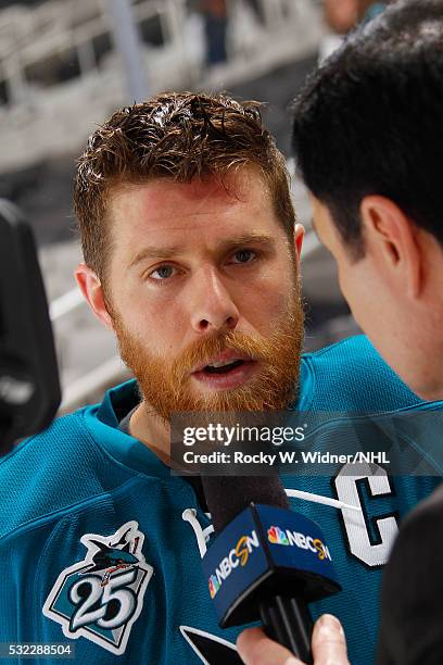 Joe Pavelski of the San Jose Sharks speaks with media after defeating the Nashville Predators in Game Seven of the Western Conference Semifinals...