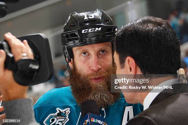 Joe Thornton of the San Jose Sharks speaks with media after defeating the Nashville Predators in Game Seven of the Western Conference Semifinals...