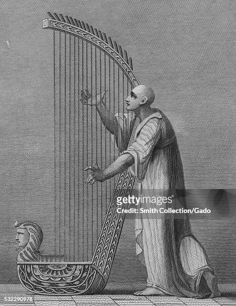 Engraved illustration of a painting in fresco at the Sepulchres of Thebes, of a man standing, playing a harp, by James Bruce, 1805. From the New York...