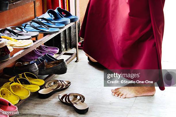 monk sandals - nepal temple stock pictures, royalty-free photos & images