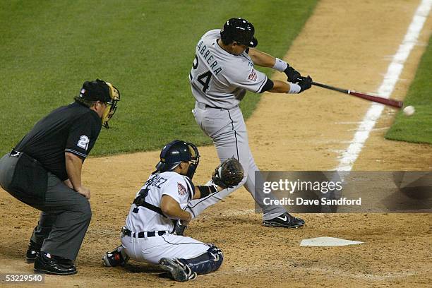 National League All-Star Miguel Cabrera of the Florida Marlins hits a rbi single in the eighth inning of the 76th Major League Baseball All-Star Game...