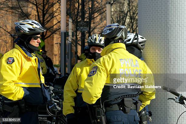 philadelphia police bicycle patrol unit - philadelphia winter stock pictures, royalty-free photos & images