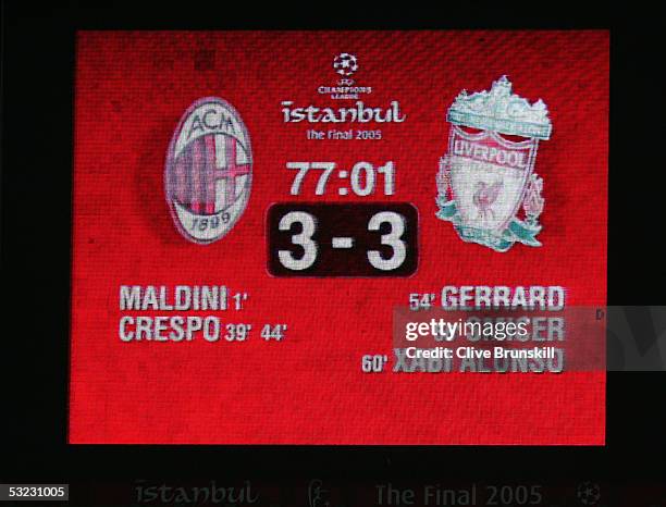 The electronic scoreboard indicates Liverpool's amazing comeback during the European Champions League final between Liverpool and AC Milan on May 25,...