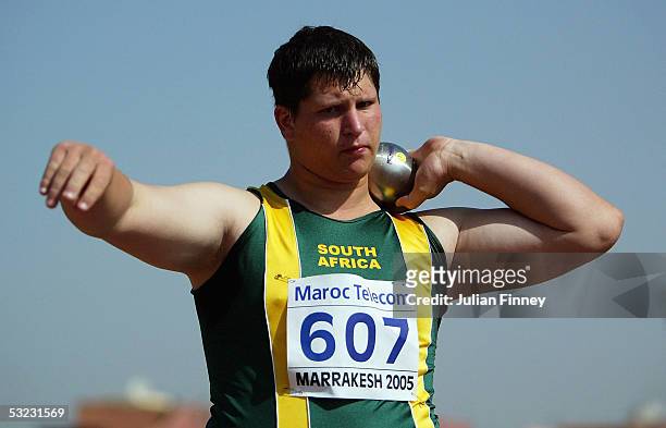 Jan Hoffman of South Africa in action in the boys Shot Put Qualification during the IAAF World Youth Championships, Day One at the Sidi Youssef Ben...