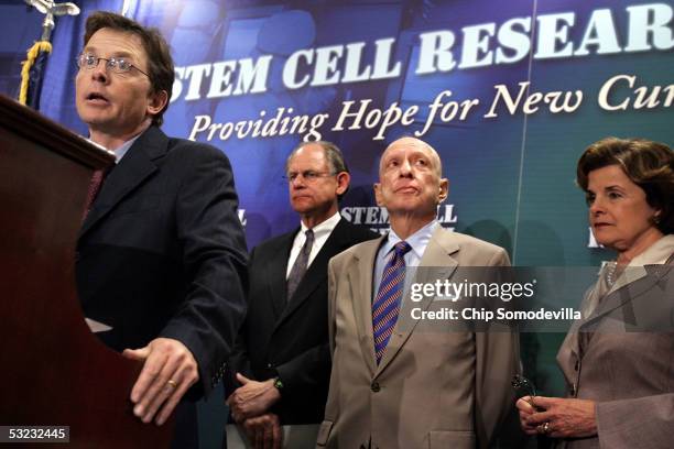 Actor Michael J. Fox, Rep. Michael Castle , Sen. Arlen Specter, and Sen. Dianne Feinstein hold a news conference to urge passage of stem cell...