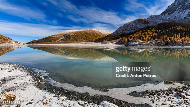 panorama of mountain lake in the fall - summits russia 2015 stock pictures, royalty-free photos & images