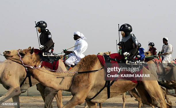 Robotic camel jockeys designed by an unidentified Swiss company are in action during this first camel race in which seven Robots were tested, 13 July...