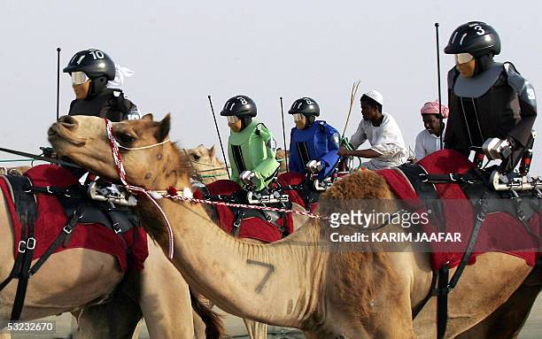 Robotic camel jockeys designed by an unidentified Swiss company are in action during this first camel race in which seven Robots were tested, 13 July...