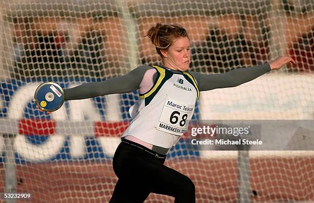 Dani Samuels of Australia in action during the girls discus qualification during the IAAF World Youth Championships, Day One at the Sidi Youssef Ben...
