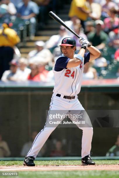 Grady Sizemore of the Cleveland Indians bats during the game against the Arizona Diamondbacks at Jacobs Field on June 19, 2005 in Cleveland, Ohio....