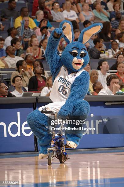 Charm, the mascot for the Washington Mystics entertains the crowd during the game against the Detroit Shock at the MCI Center on July 7, 2005 in...