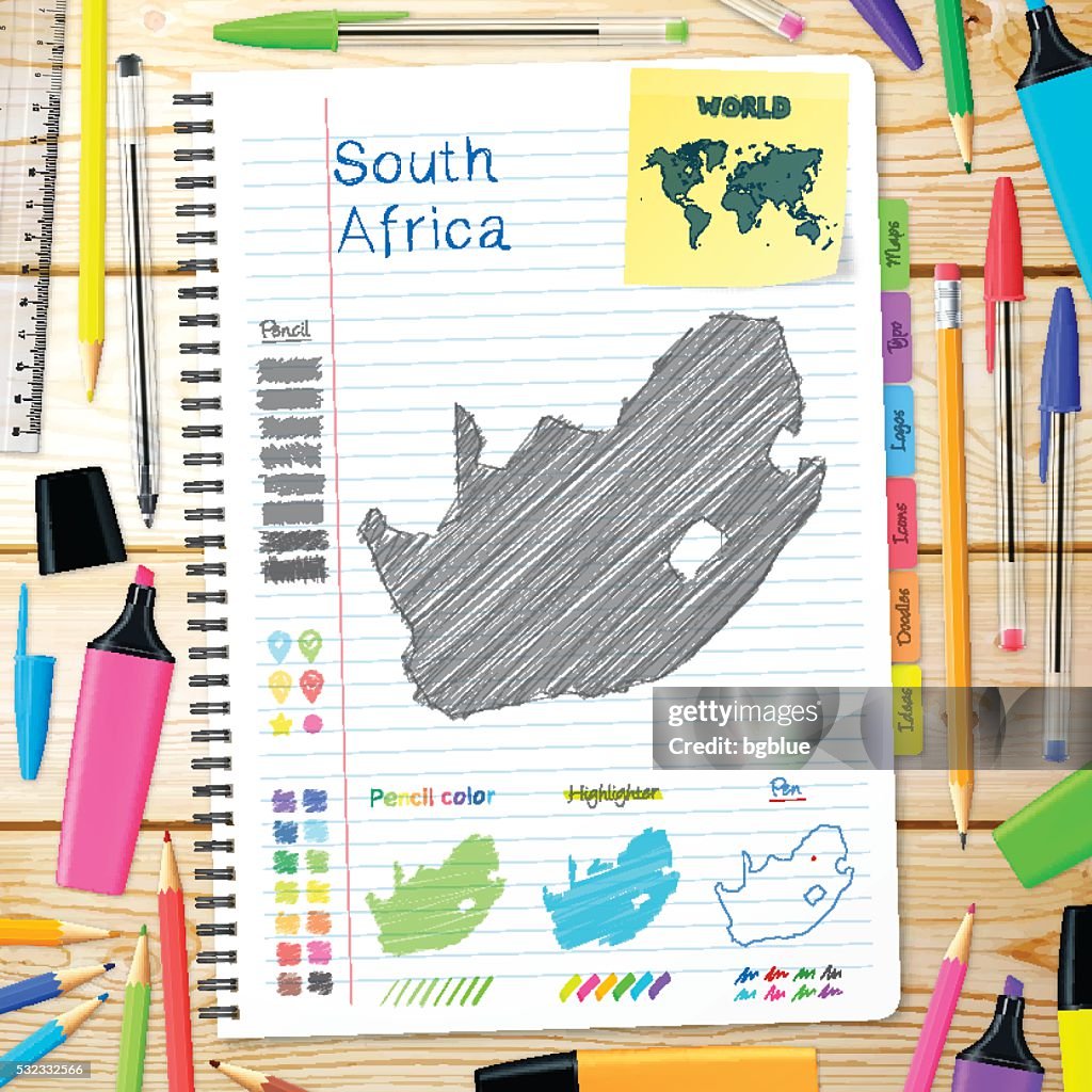 South Africa maps hand drawn on notebook. Wooden Background