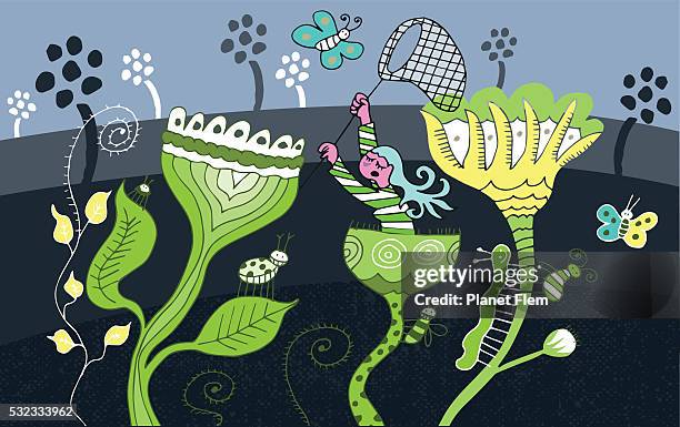 butterfly hunter - butterfly net stock illustrations