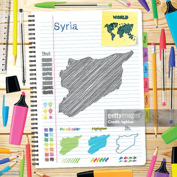 syria maps hand drawn on notebook. wooden background - damaskus stock illustrations