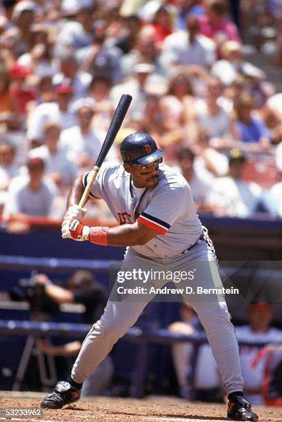 Cecil Fielder of the Detroit Tigers stands ready at the plate during a game against the California Angels at Angel Stadium on July 25, 1992 in...