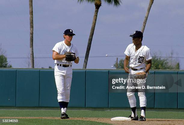 Alan Trammell and Lou Whitaker of the Detroit Tigers get together at second base during spring training in March of 1985.