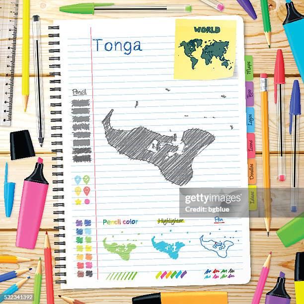 tonga maps hand drawn on notebook. wooden background - office post it notes stock illustrations