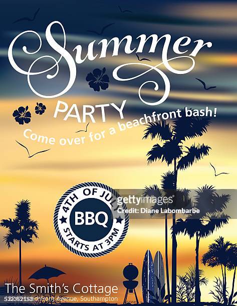 summer beach party invitation with palm trees and sunset - beach bbq stock illustrations