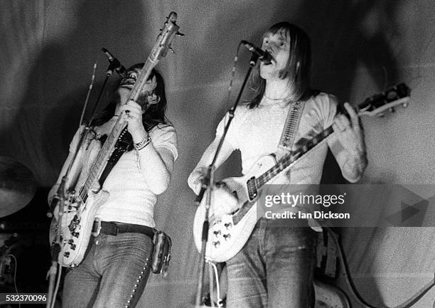 Lemmy, Dave Brock of Hawkwind performing on stage, London, United Kingdom, 1973.