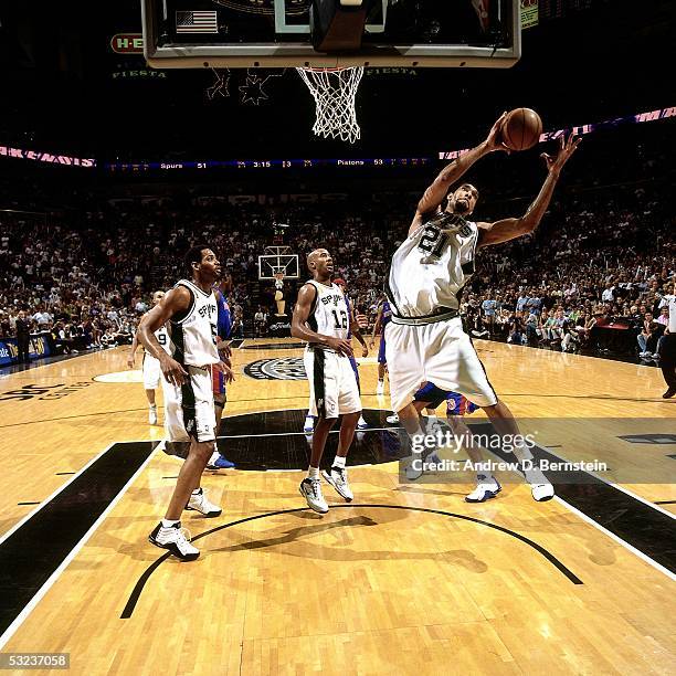 Tim Duncan of the San Antonio Spurs grabs a rebound against the Detroit Pistons in Game Seven of the 2005 NBA Finals on June 23, 2005 at the SBC...
