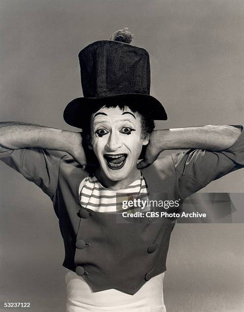 Promotional portrait of French mime artist Marcel Marceau, in character as 'Bip,' 1965.