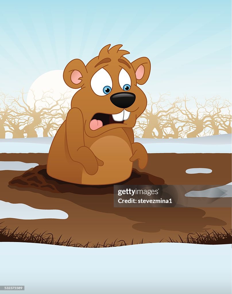 Cartoon groundhog coming out of ground and seeing its shadow