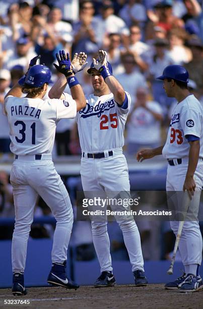 Mike Piazza of the Los Angeles Dodgers high fives Tim Wallach during a game against the San Francisco Giants on October 3,1993 at Dodger Stadium in...
