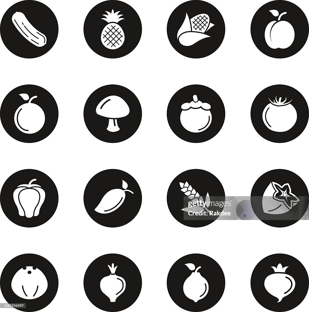Fruit and Vegetable Icons Set 2 - Black Circle Series