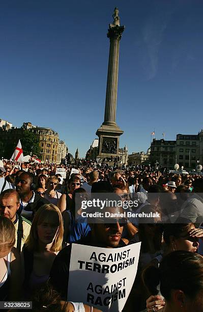 Londoners gather in Trafalgar Square on July 14, 2005 in London, England. Londoners gathered in Trafalgar Square during a vigil in memory of the...