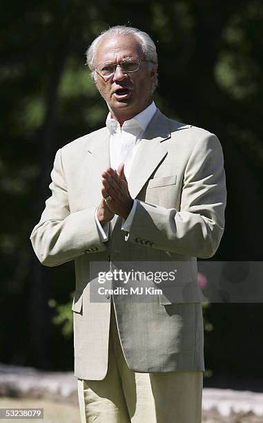 King Carl Gustav attends celebrations for Crown Princess Victoria of Sweden's 28th birthday at the Queen's Residence, on July 14, 2005 in Borgholm,...