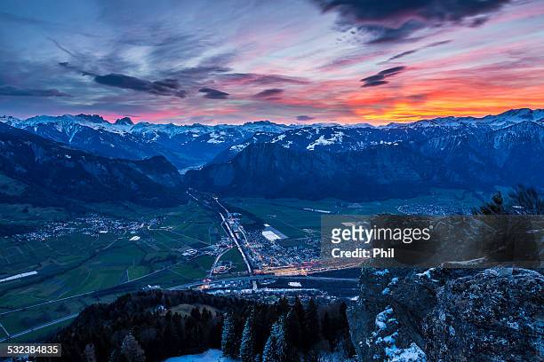 sunrise rhine valley, switzerland - st gallen stockfoto's en -beelden