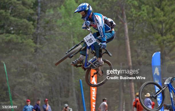 Flying High! Three foot kickers launched pro-riders skyward on Angel Fire's state-of-the-art world class mountain courses at the 2005 UCI Mountain...