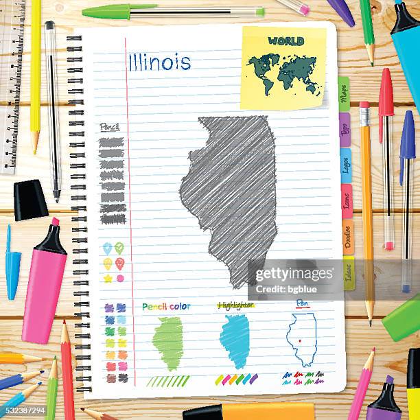 illinois maps hand drawn on notebook. wooden background - spring field stock illustrations