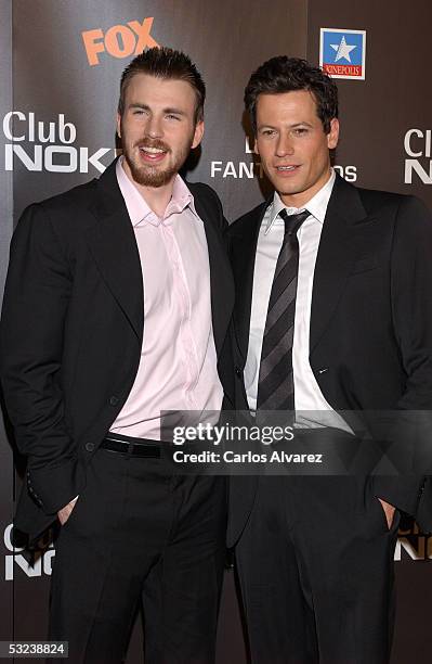 Ioan Gruffudd and Chris Evans attend the premiere of the new film "Fantastic Four" at Kinepolis Cinema on July 14, 2005 in Madrid, Spain.