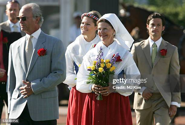 King Carl Gustav, Princess Victoria, Queen Sylvia and Prince Carl Philip are seen at a concert during celebrations for Crown Princess Victoria's 28th...