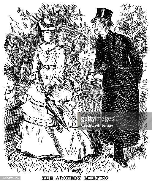 curate chatting to a young lady at an archery meeting - priests talking stock illustrations