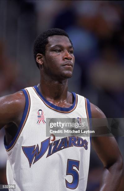 Kwame Brown of the Washington Wizards watches the action during the pre-season game against the New Jersey Nets at the MCI Center in Washington, D.C....