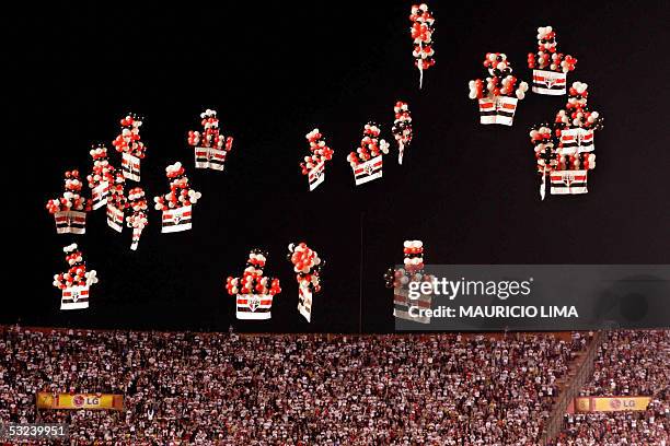 Sao Paulo's fans cheer at the beginning of the Libertadores Cup final match against Atletico Paranaense, at Morumbi stadium, in Sao Paulo, Brazil, 14...