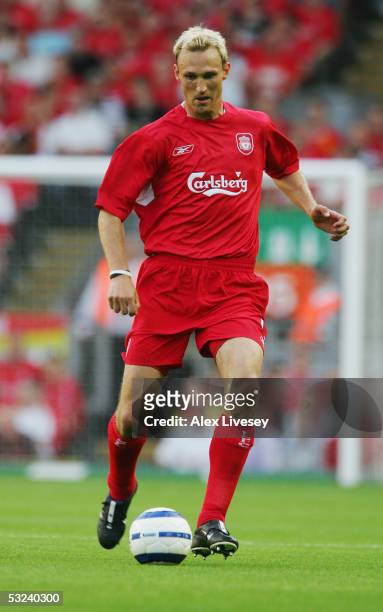 Sami Hyypia of Liverpool in action during the UEFA Champions League first qualifying round, first leg match between Liverpool and TNS held at Anfield...